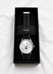 Tomi Moonphase White Dial Black Strap Watch