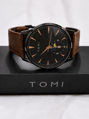 Tomi Black Dial Brown Strap Moonphase Watch