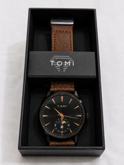 Tomi Black Dial Brown Strap Moonphase Watch