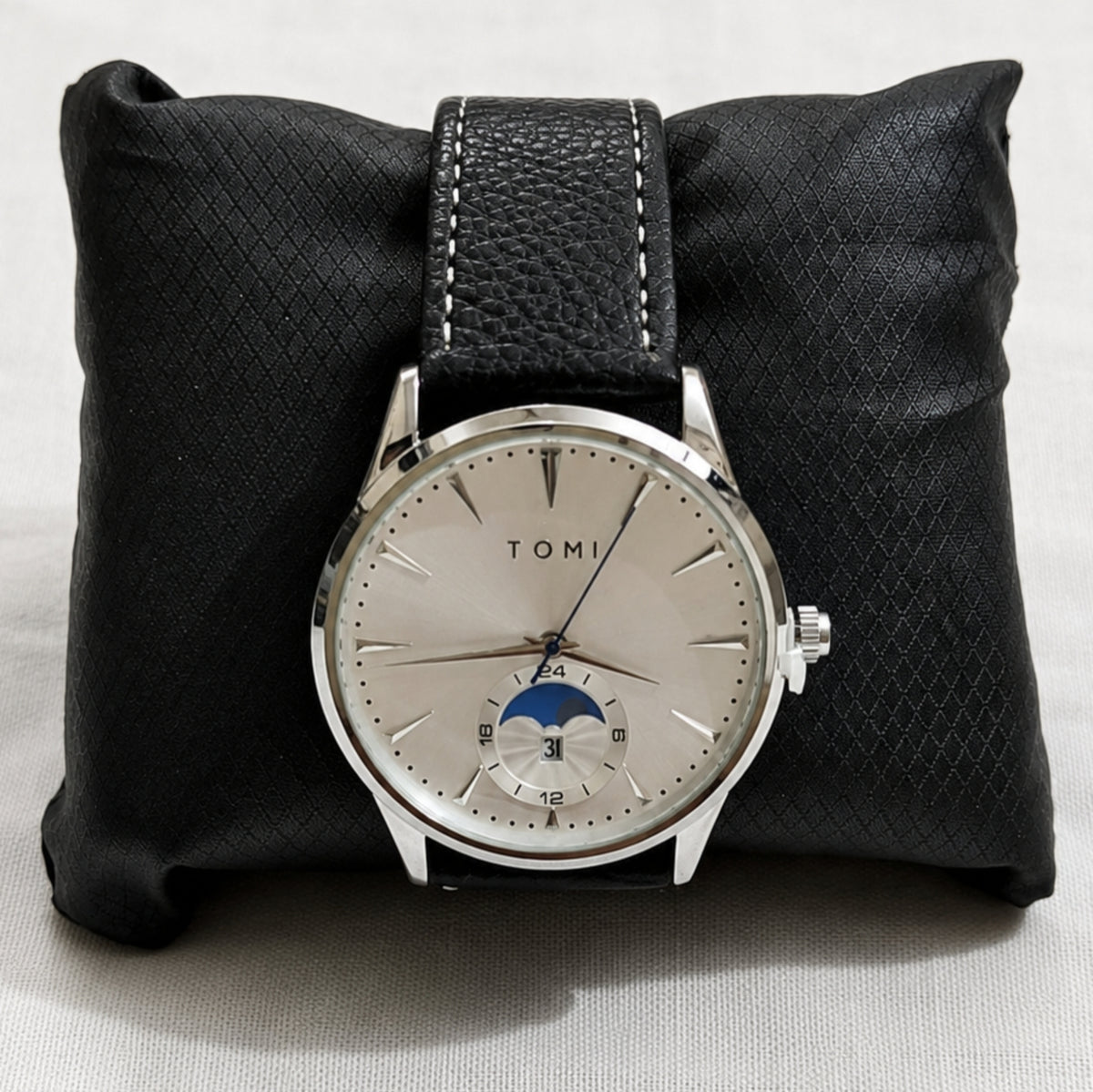 Tomi Moonphase White Dial Black Strap Watch