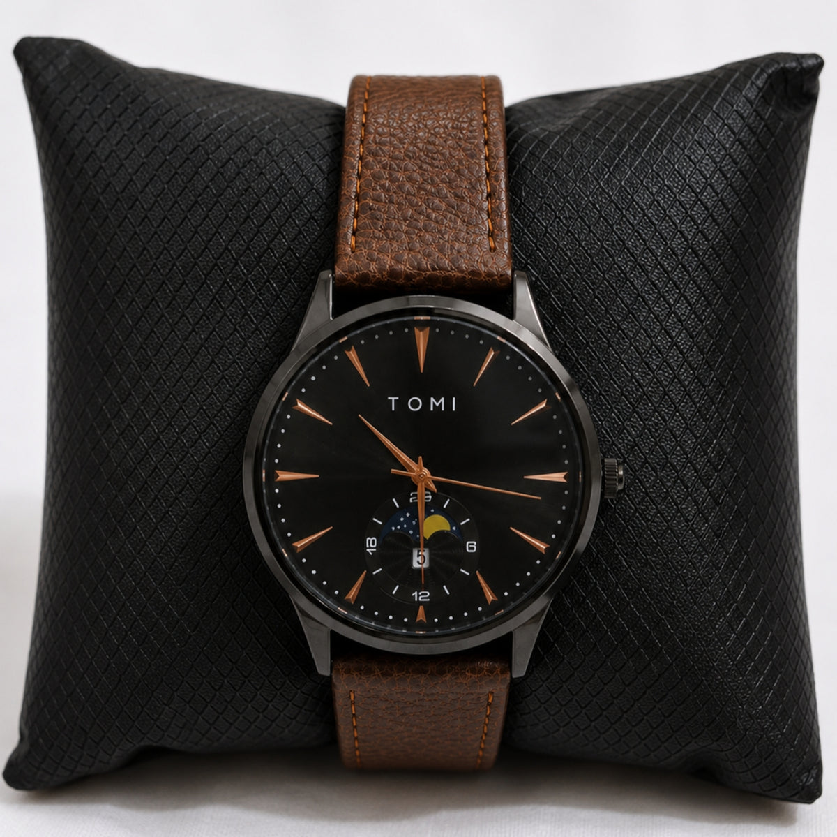 Tomi Black Dial Brown Strap Moonphase Watch
